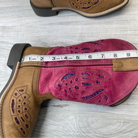 Shyanne Chloe Glitter Brown Pink Leather Square Toe Western Boots Girl’s Size 6 - Picture 13 of 13